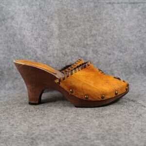 Nine West Shoes Womens 8 Clog Sandal Peep Toe Leather Wood Studded Boho Heels